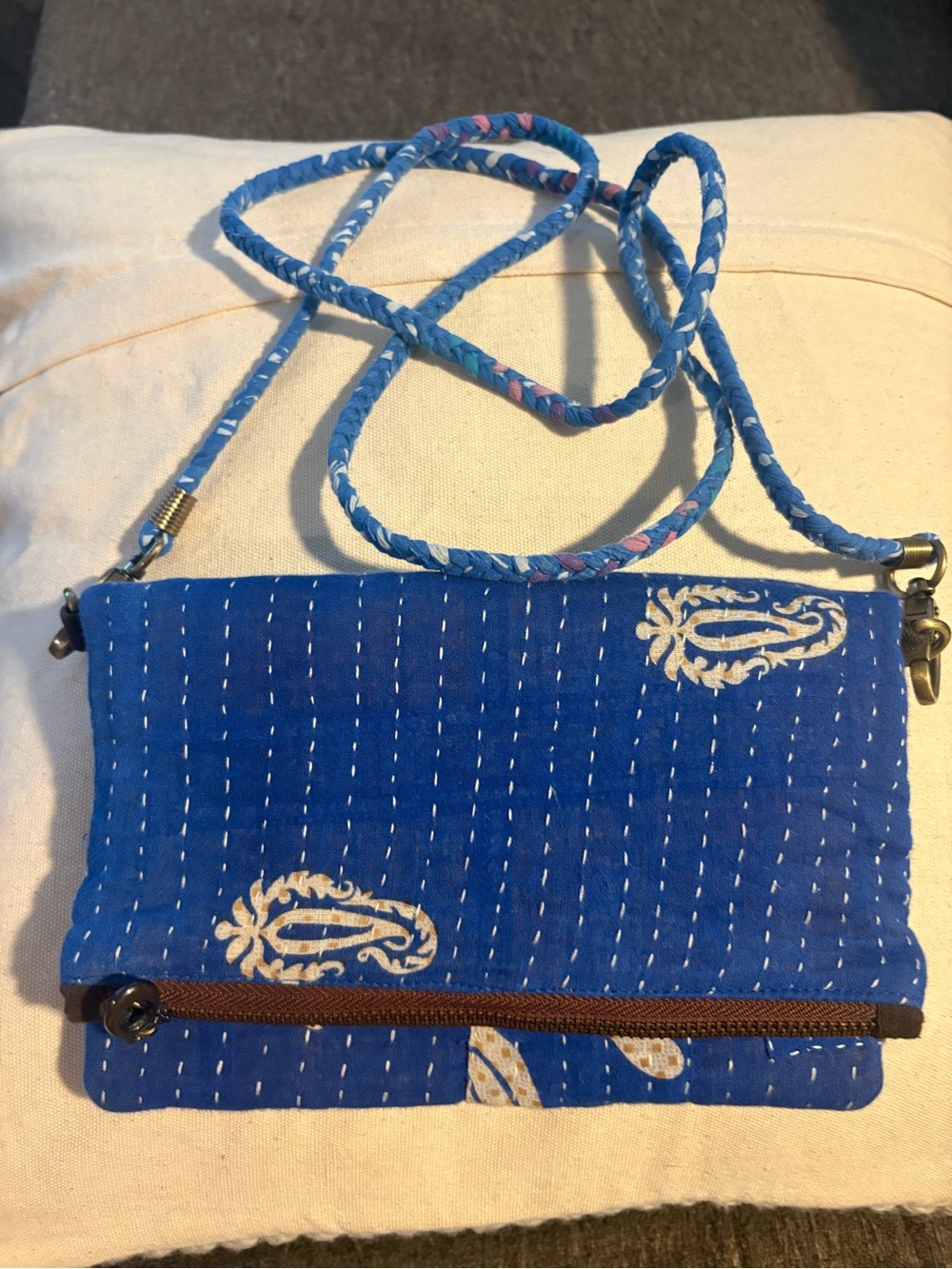 Sari Bari Hand-Stitched Crossbody Bag with Paisley Accents excellent